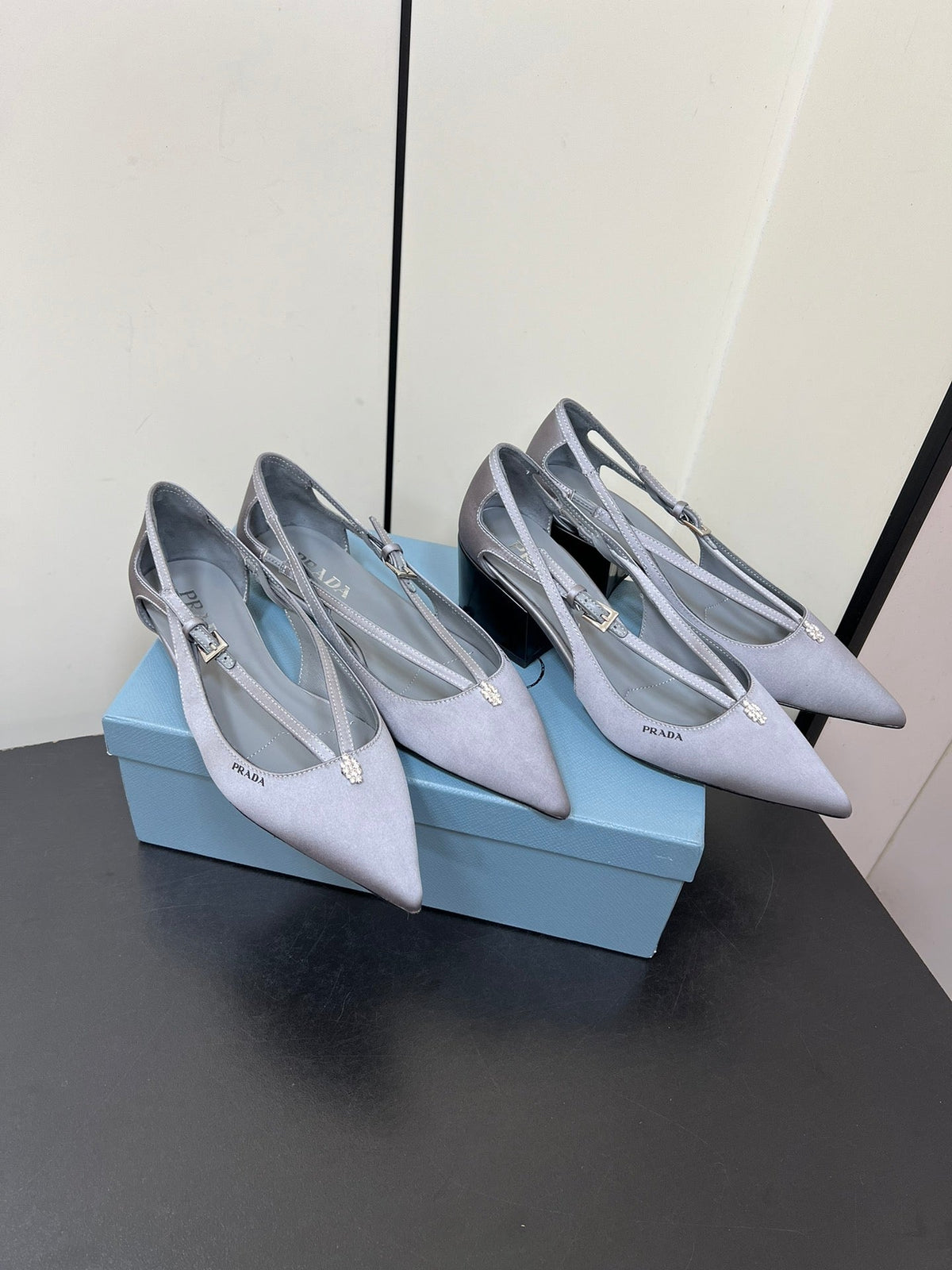 CUT-OUT BALLERINA FLAT IN WARM GRAY SATIN ATTACHED BEAD BUCKLE