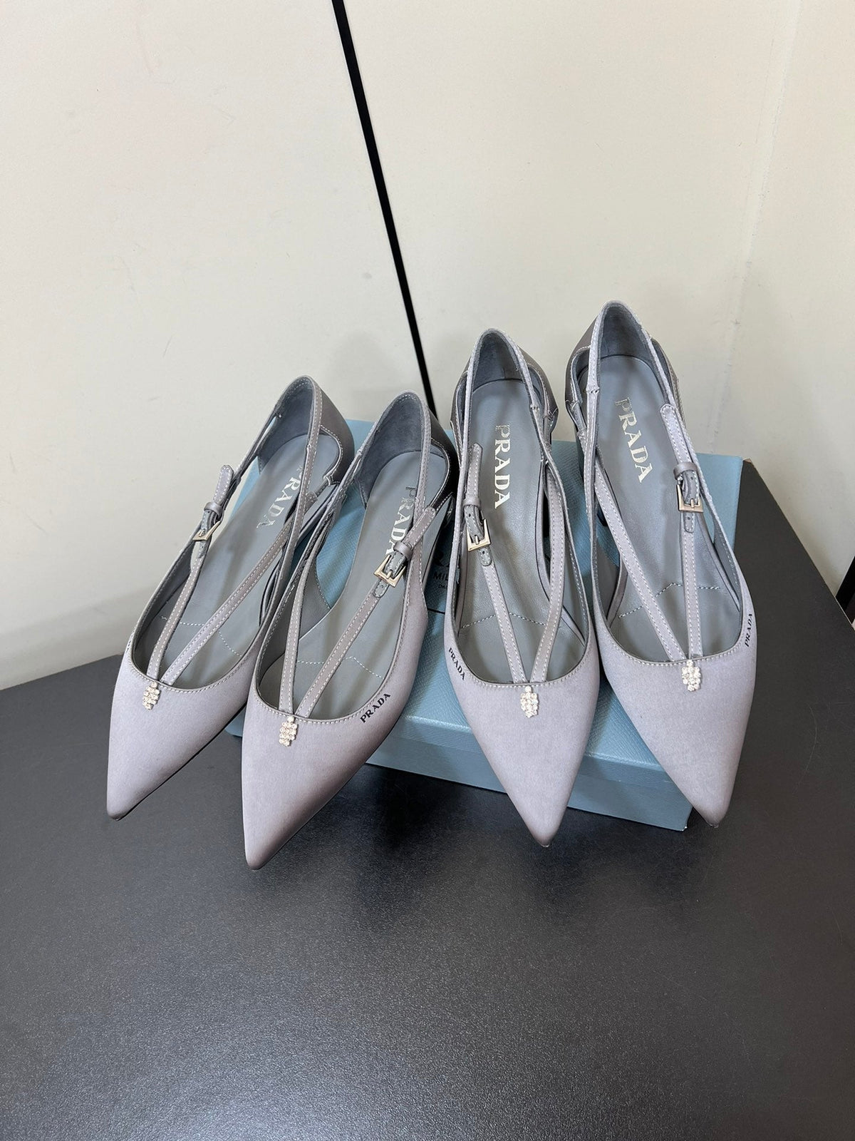 CUT-OUT BALLERINA FLAT IN WARM GRAY SATIN ATTACHED BEAD BUCKLE