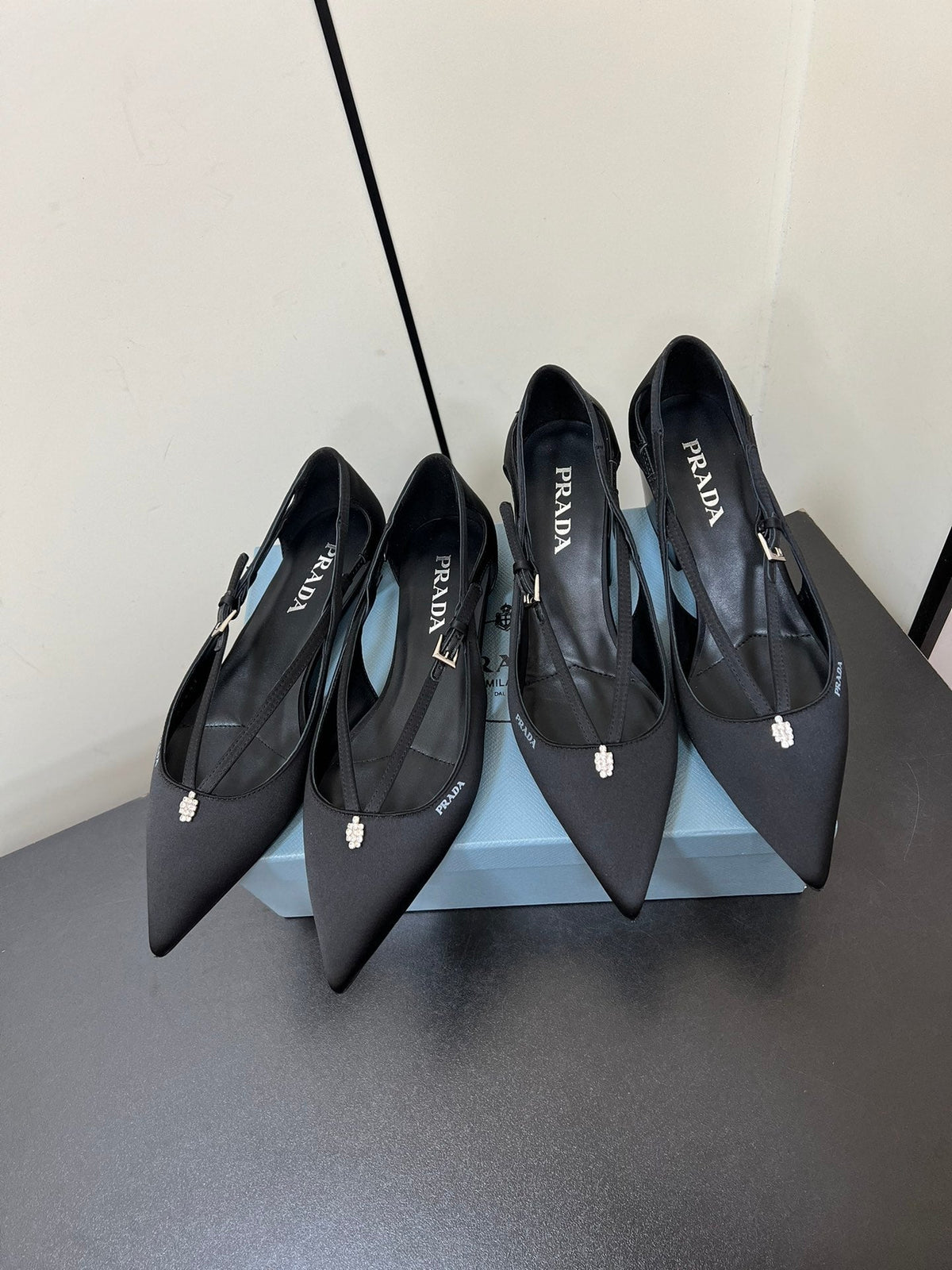 CUT-OUT BALLERINA FLAT IN BLACK SATIN ATTACHED BEAD BUCKLE