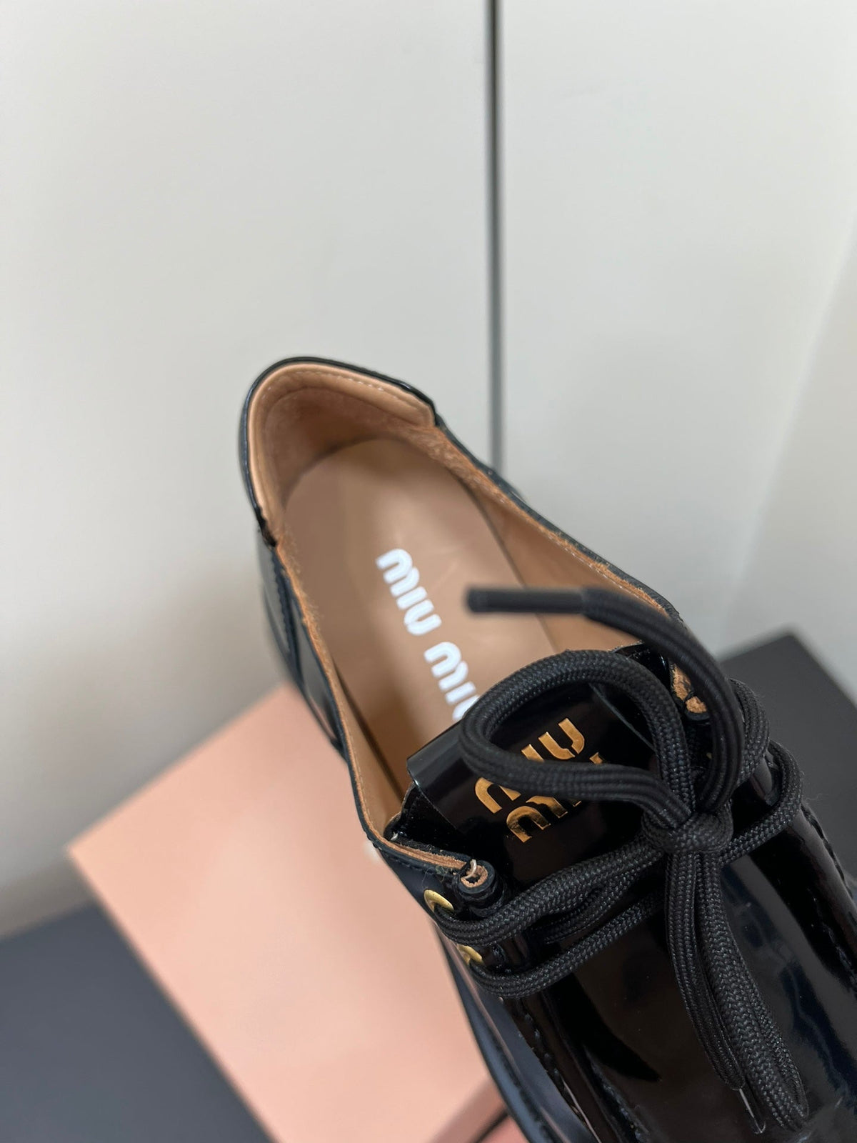 LACE-UP LOAFERS WITH THICK SOLE IN BLACK SHINY SHEEPSKIN