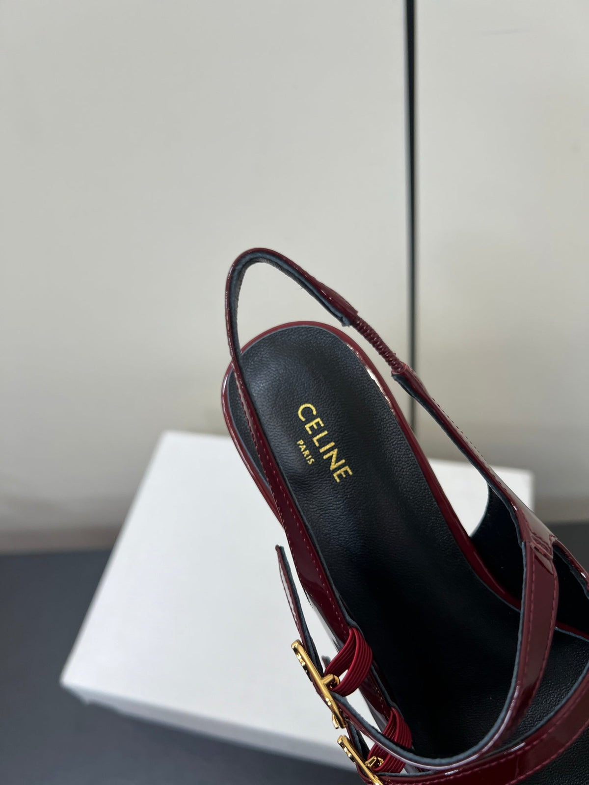 JUDY DOUBLE STRAP MARY JANE SLINGBACK IN BURGUNDY RED PATENT CALFSKIN