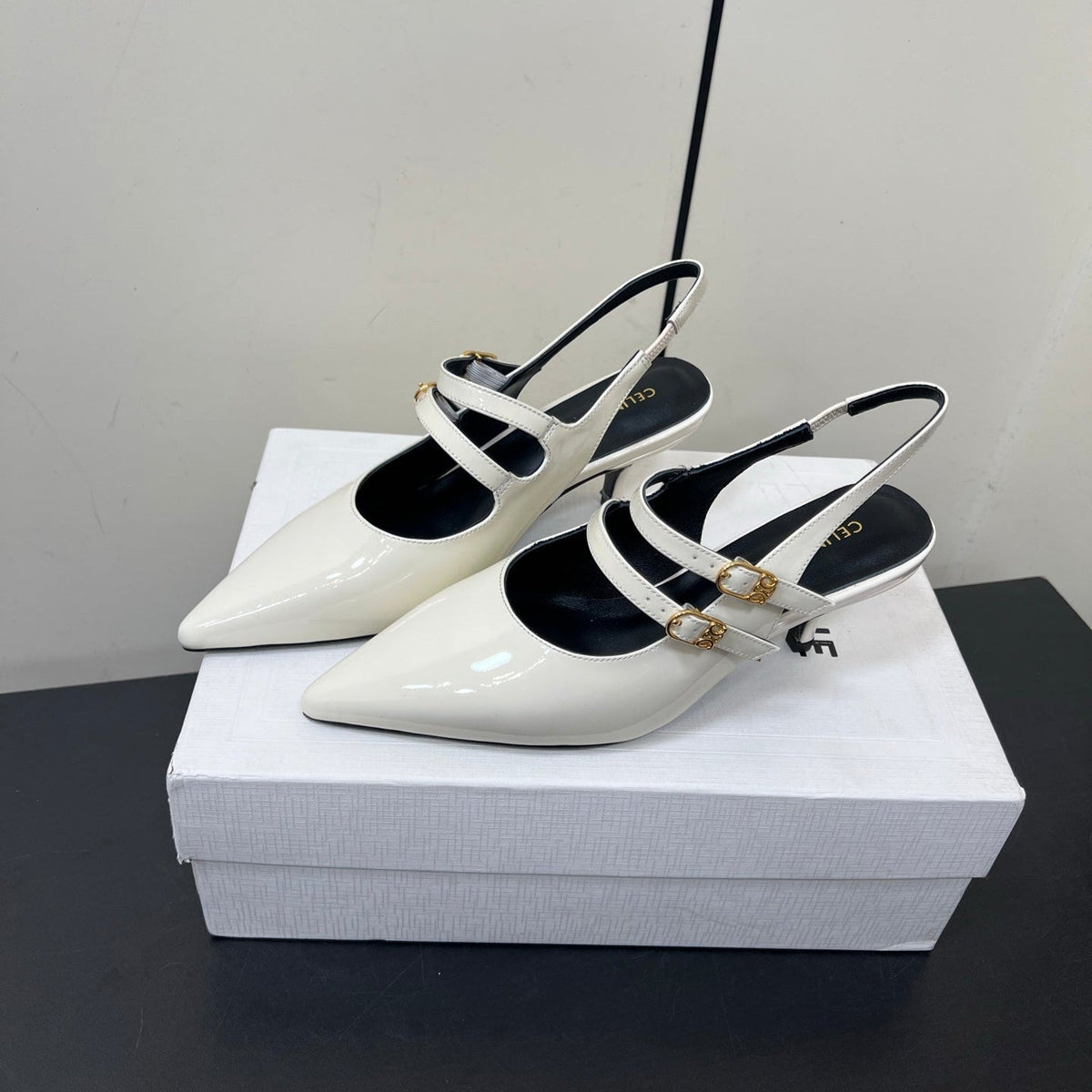 JUDY DOUBLE STRAP MARY JANE SLINGBACK IN WHITE PATENT CALFSKIN