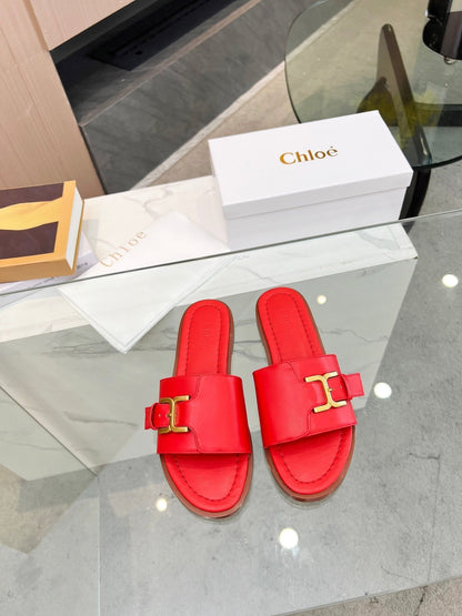 HLOE MARCIE SLIDE IN CHERRY RED CALFSKIN WITH GOLD HARDWARE