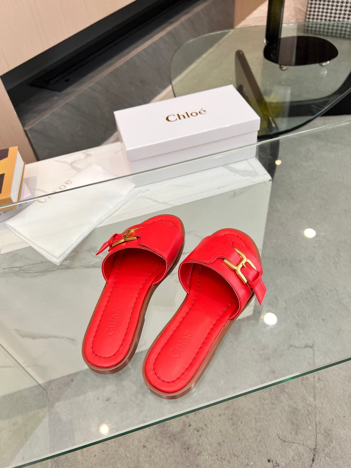 HLOE MARCIE SLIDE IN CHERRY RED CALFSKIN WITH GOLD HARDWARE