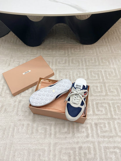SNEAKER MULES IN NAVY MESH AND BEIGE SUEDE