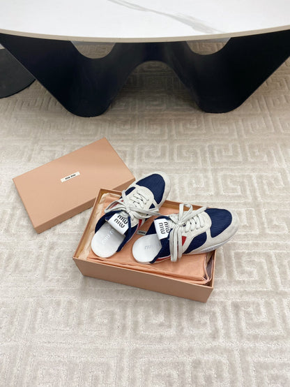 SNEAKER MULES IN NAVY MESH AND BEIGE SUEDE
