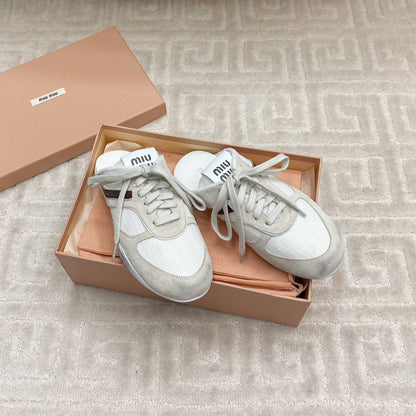 SNEAKER MULES IN WHITE MESH AND BEIGE SUEDE