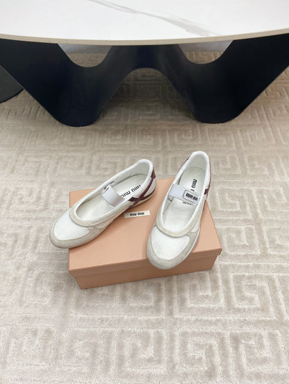 BALLET FLAT SHOES IN WHITE MESH AND BEIGE SUEDE