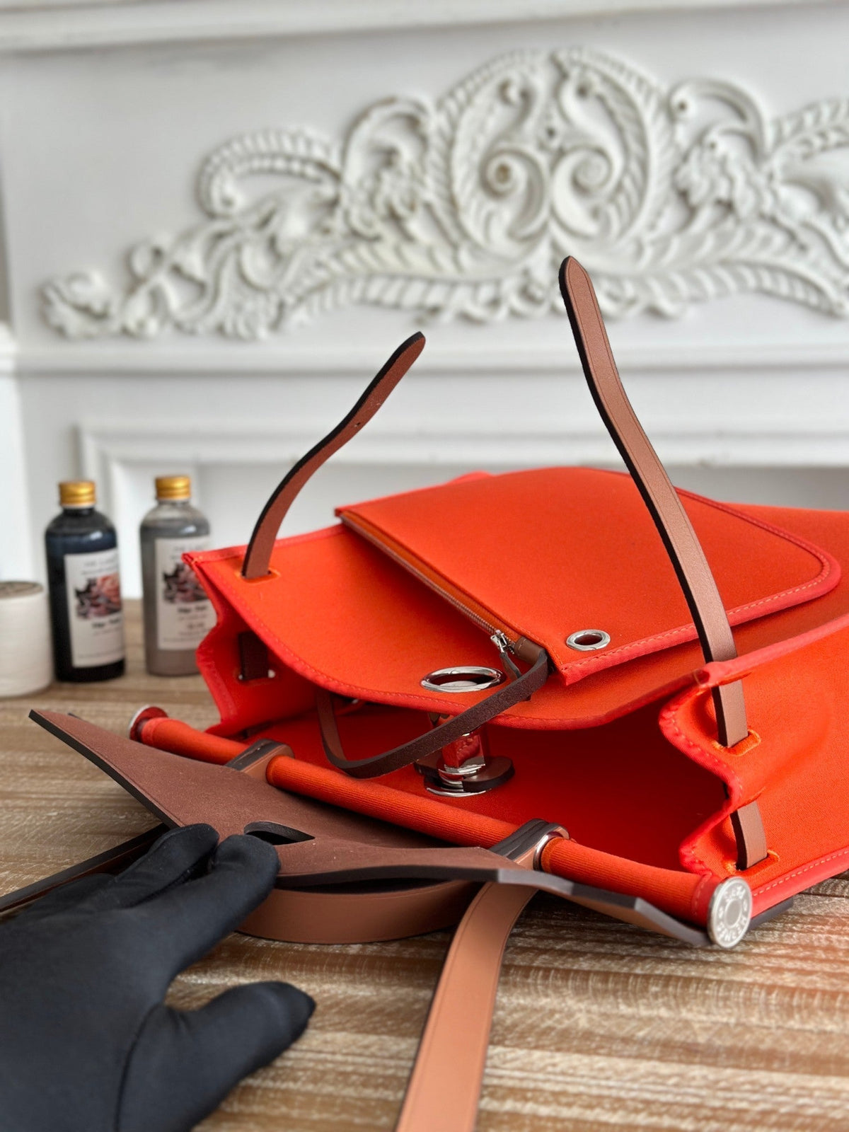 ZIP CABINE 31 BAG IN FIRE ORANGE CANVAS AND BRONZE BROWN CALFSKIN