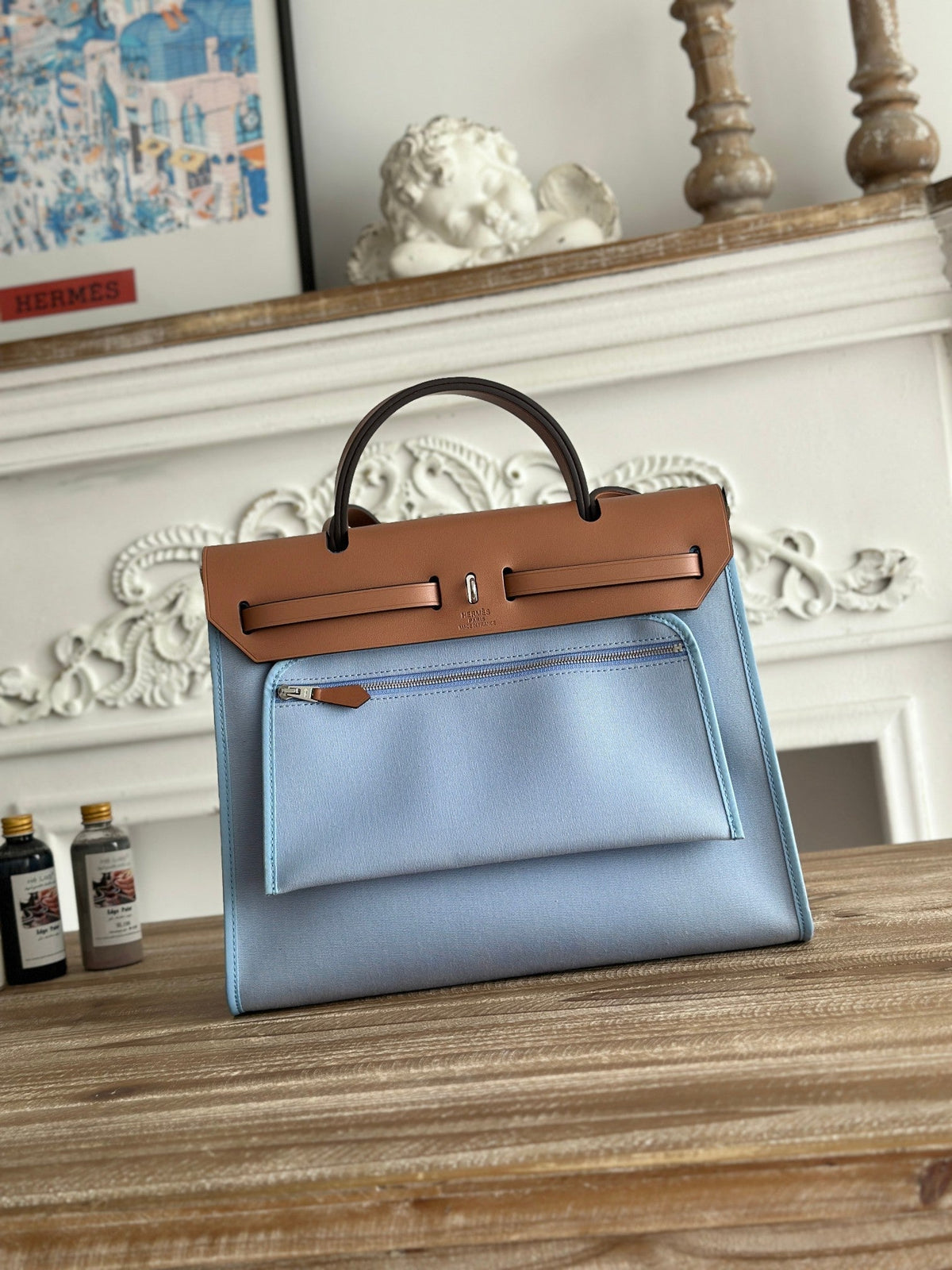 ZIP CABINE 31 BAG IN LIGHT BLUE CANVAS AND BRONZE BROWN CALFSKIN