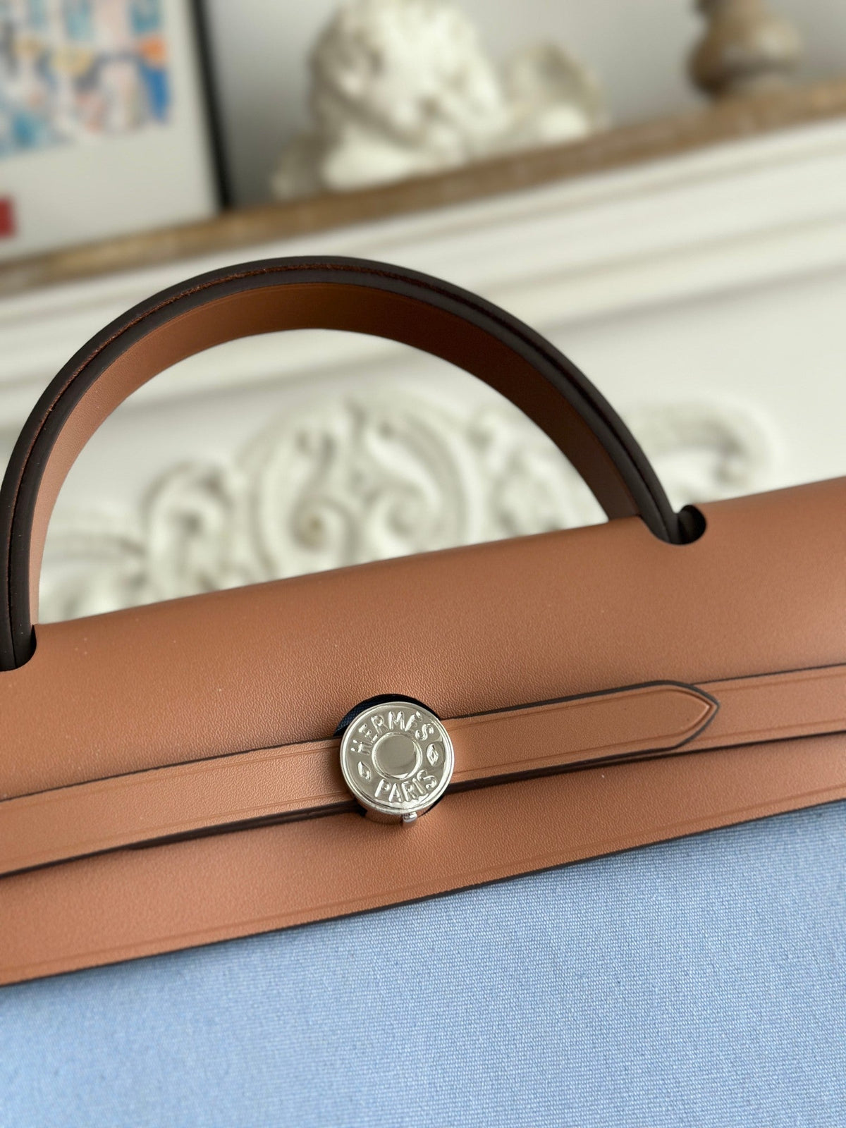 ZIP CABINE 31 BAG IN LIGHT BLUE CANVAS AND BRONZE BROWN CALFSKIN