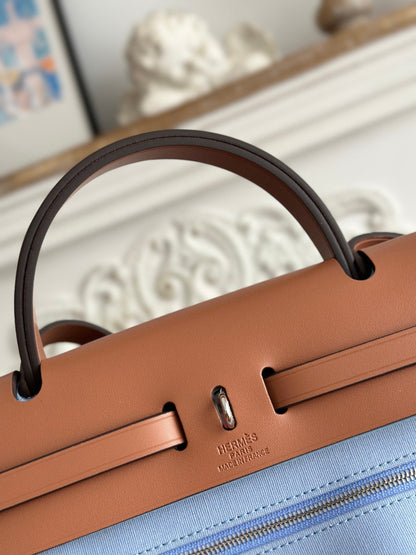 ZIP CABINE 31 BAG IN LIGHT BLUE CANVAS AND BRONZE BROWN CALFSKIN