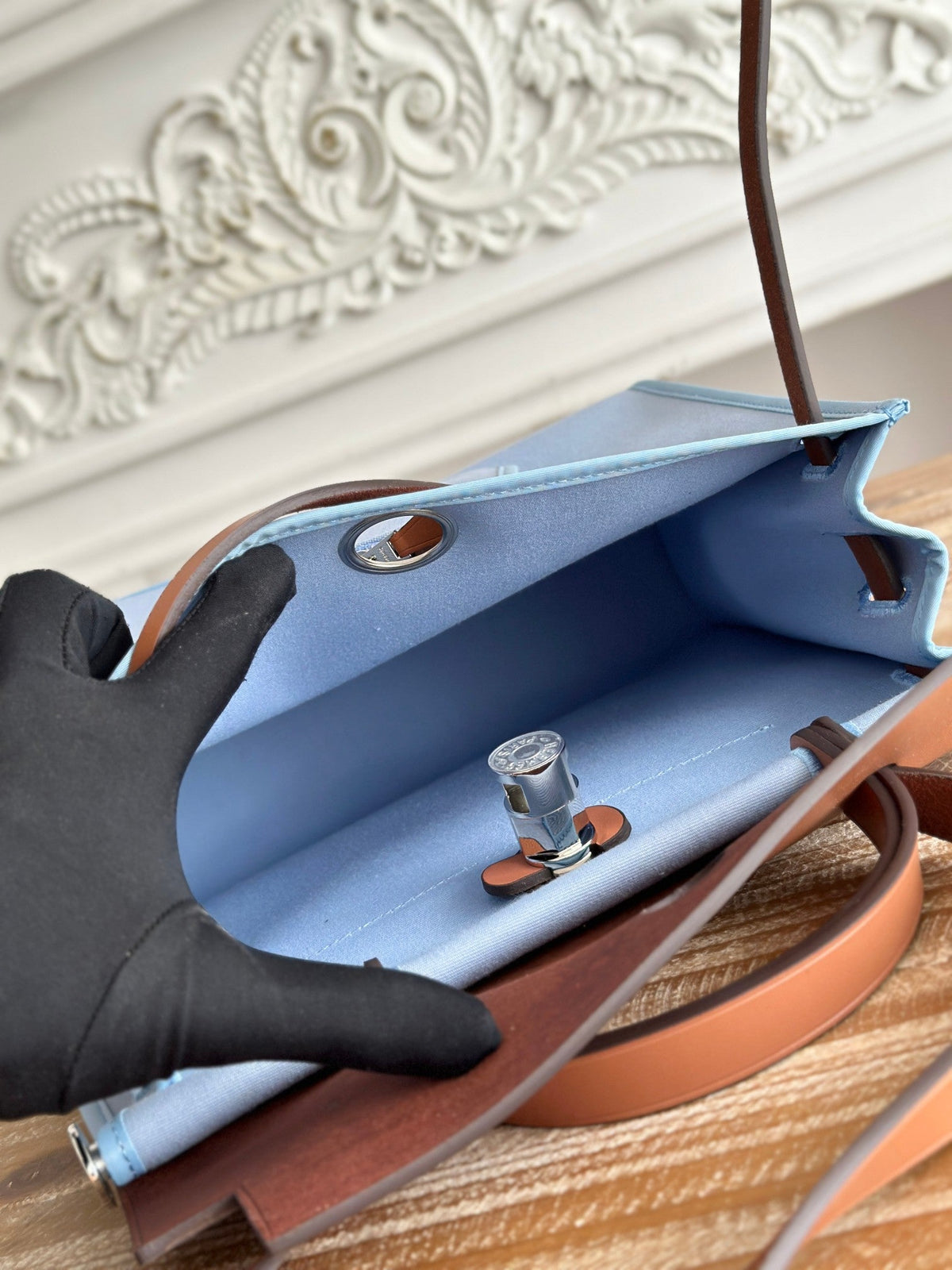 ZIP CABINE 31 BAG IN LIGHT BLUE CANVAS AND BRONZE BROWN CALFSKIN