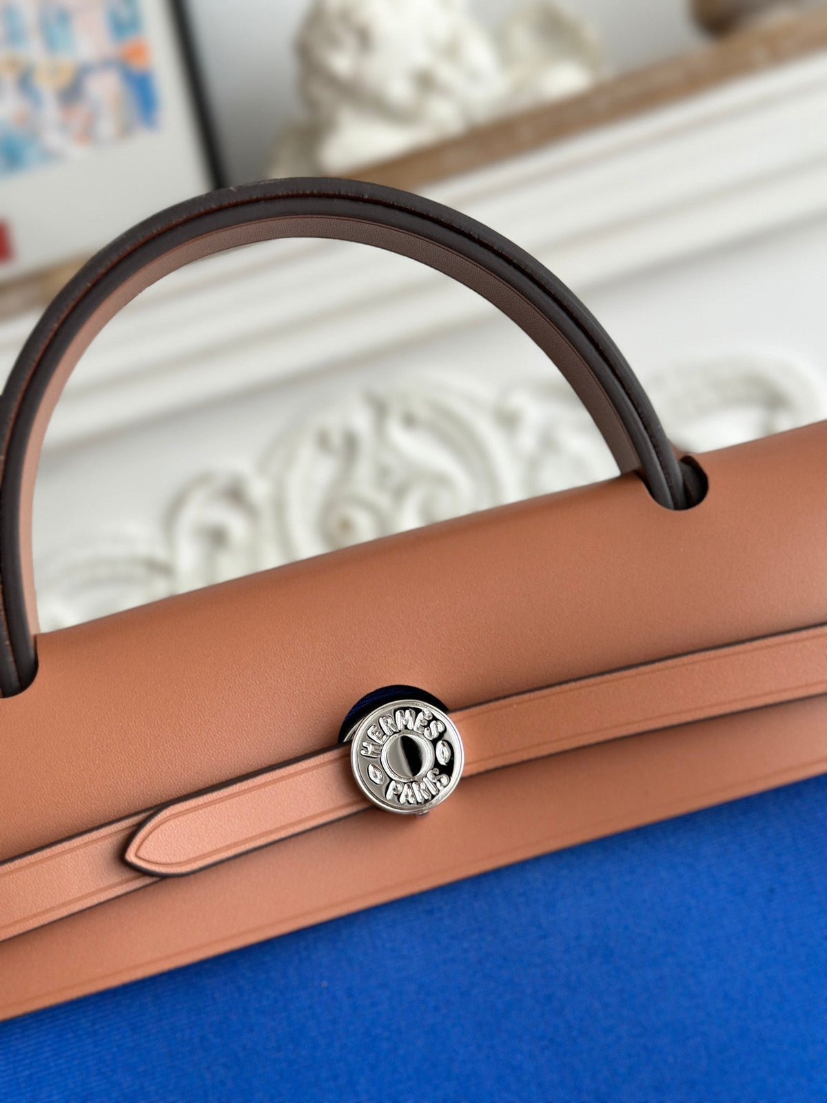 ZIP CABINE 31 BAG IN COBALT BLUE CANVAS AND BRONZE BROWN CALFSKIN