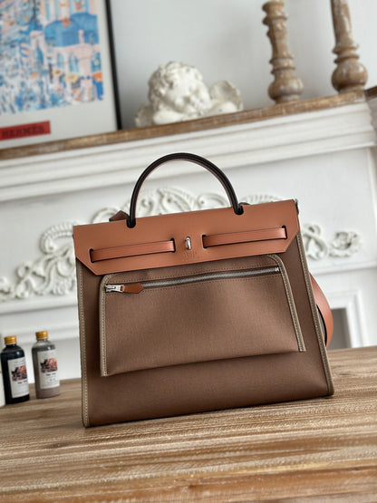 ZIP CABINE 31 BAG IN CHOCOLATE BROWN CANVAS AND BRONZE BROWN CALFSKIN
