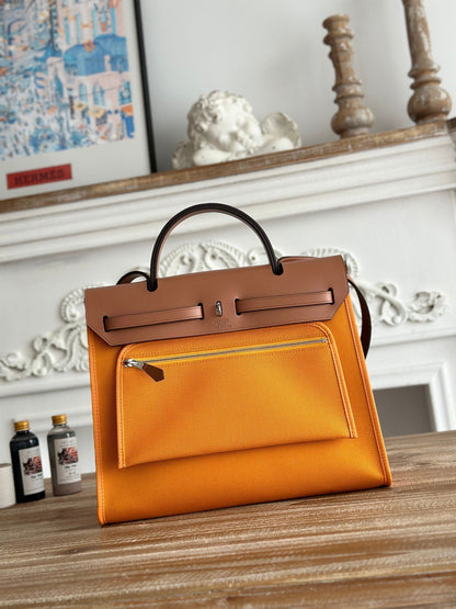 ZIP CABINE 31 BAG IN APRICOT ORANGE CANVAS AND BRONZE BROWN CALFSKIN