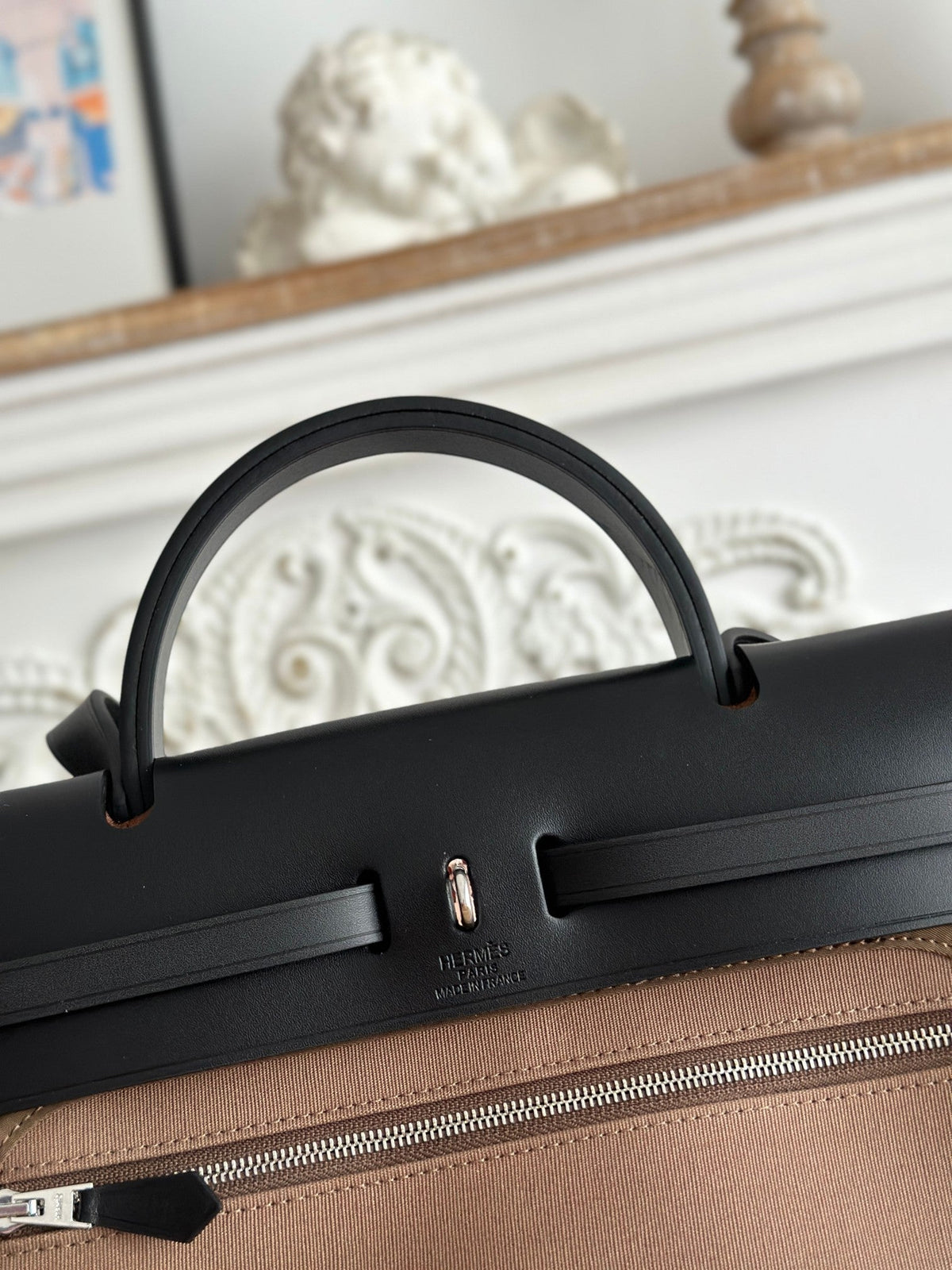 ZIP CABINE 31 BAG IN CHOCOLATE BROWN CANVAS AND BLACK CALFSKIN