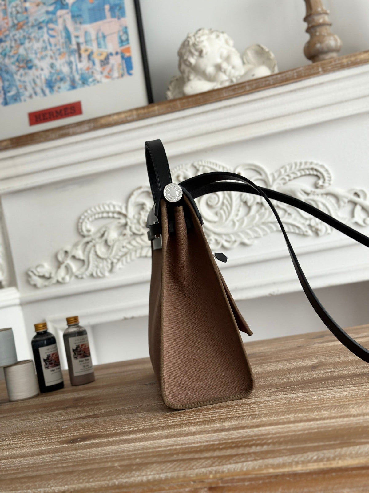 ZIP CABINE 31 BAG IN CHOCOLATE BROWN CANVAS AND BLACK CALFSKIN