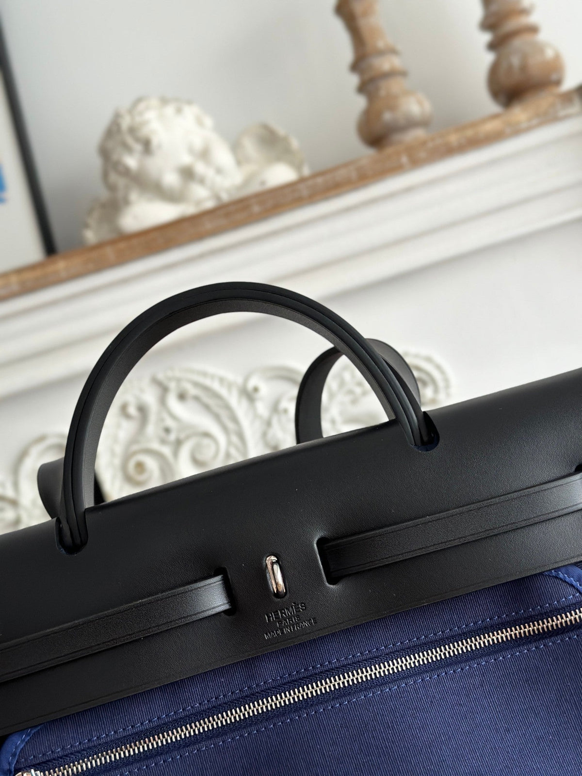 ZIP CABINE 31 BAG IN NAVY BLUE CANVAS AND BLACK CALFSKIN