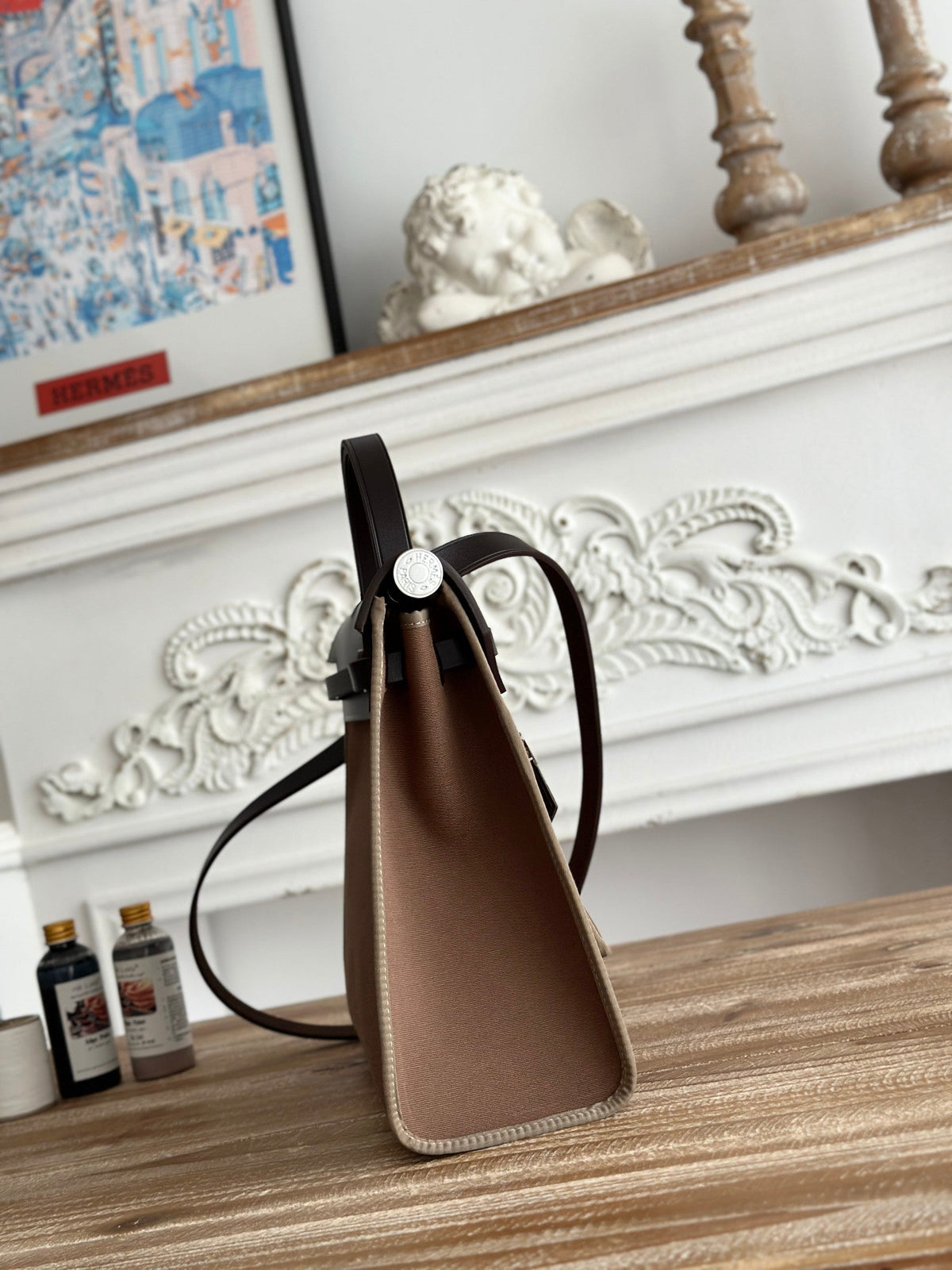 ZIP CABINE 31 BAG IN CHOCOLATE BROWN CANVAS AND BLACK CALFSKIN