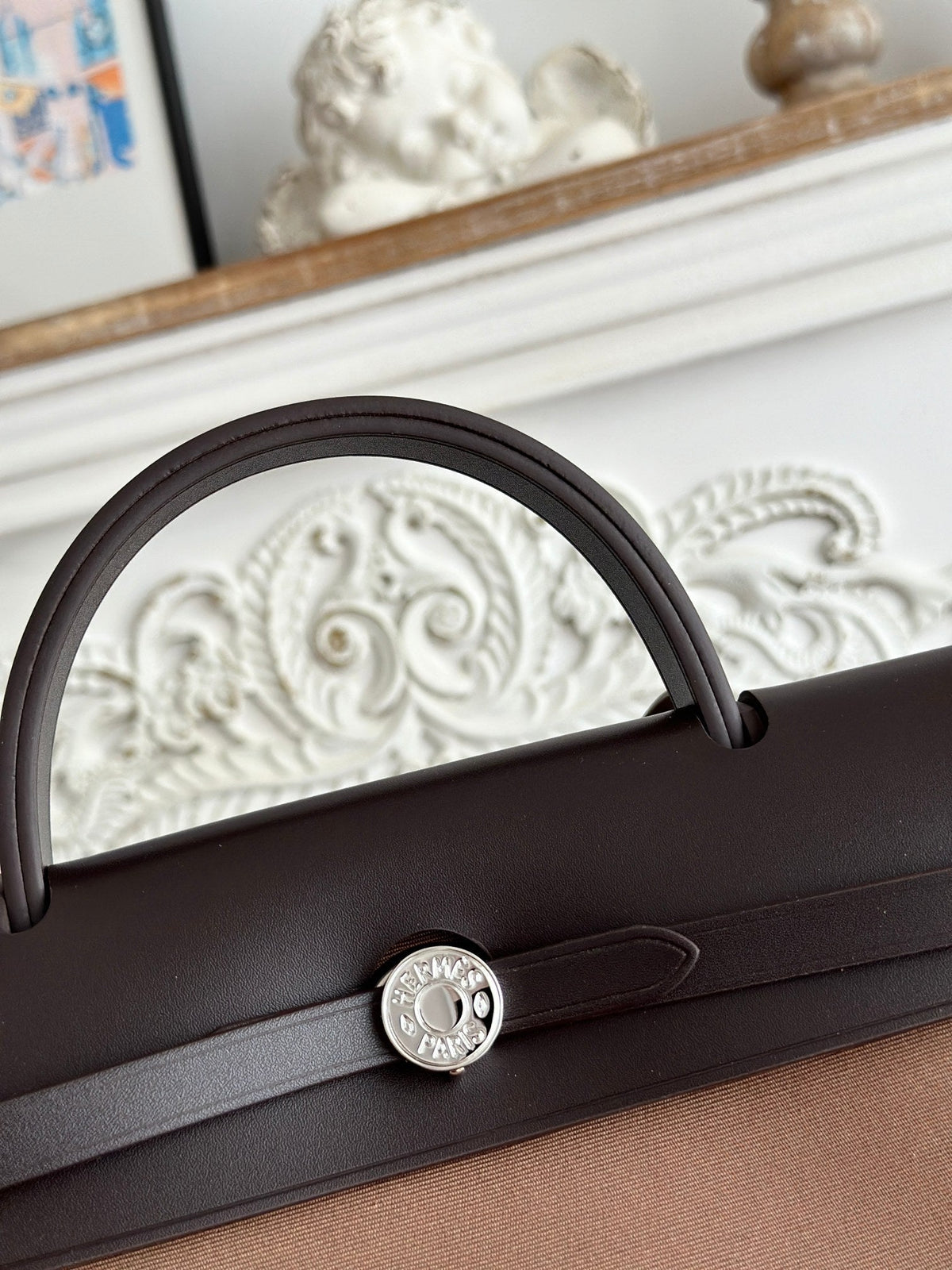ZIP CABINE 31 BAG IN CHOCOLATE BROWN CANVAS AND BLACK CALFSKIN