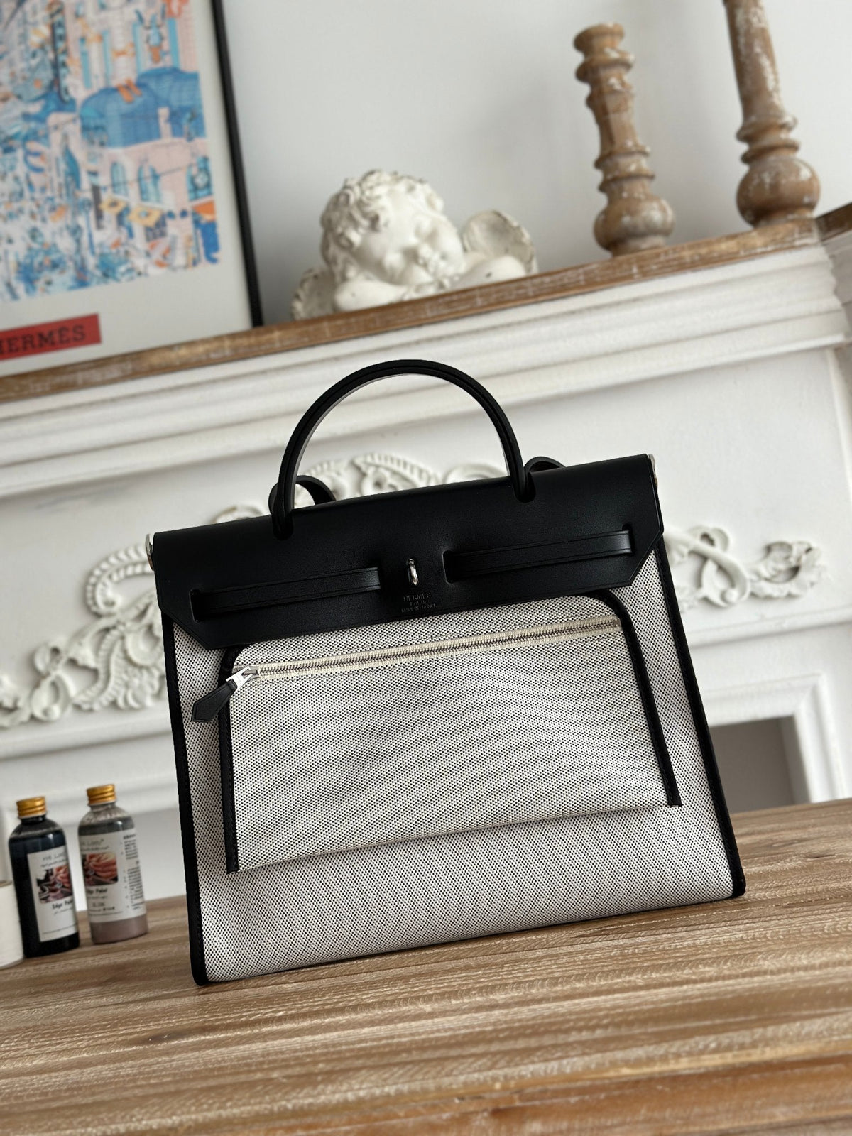 ZIP CABINE 31 BAG IN WHITE CANVAS AND BLACK CALFSKIN