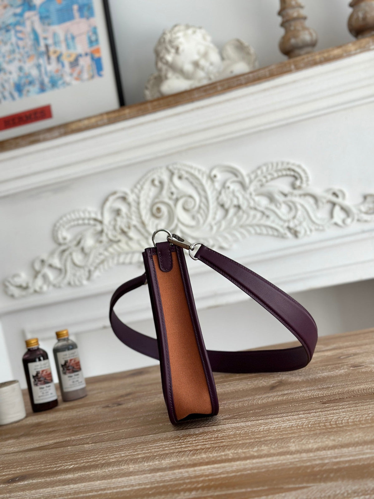 MINI NEO 17 EVELYNE BAG IN BRONZE BROWN CANVAS AND PLUM PURPLE CALFSKIN