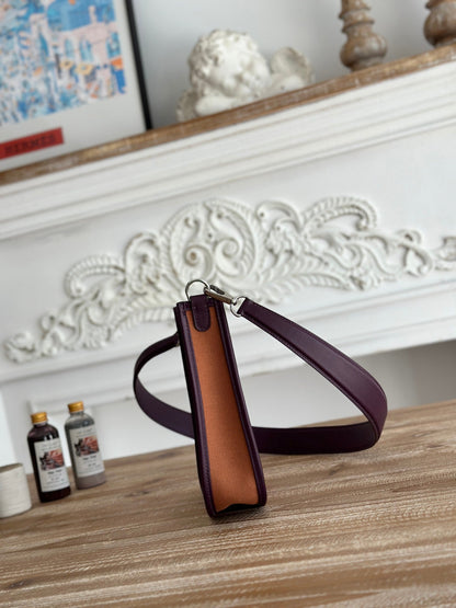 MINI NEO 17 EVELYNE BAG IN BRONZE BROWN CANVAS AND PLUM PURPLE CALFSKIN