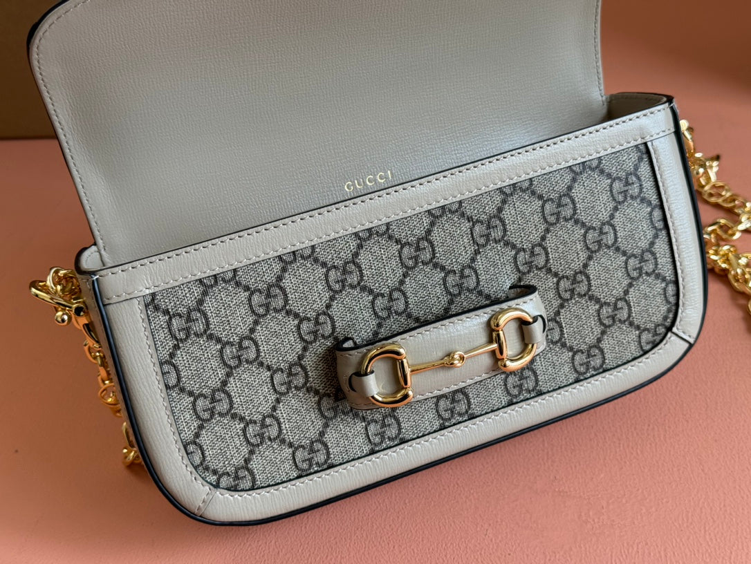 GG HORSEBIT 1955 BAG 24 IN BEIGE CANVAS AND WHITE CALFSKIN