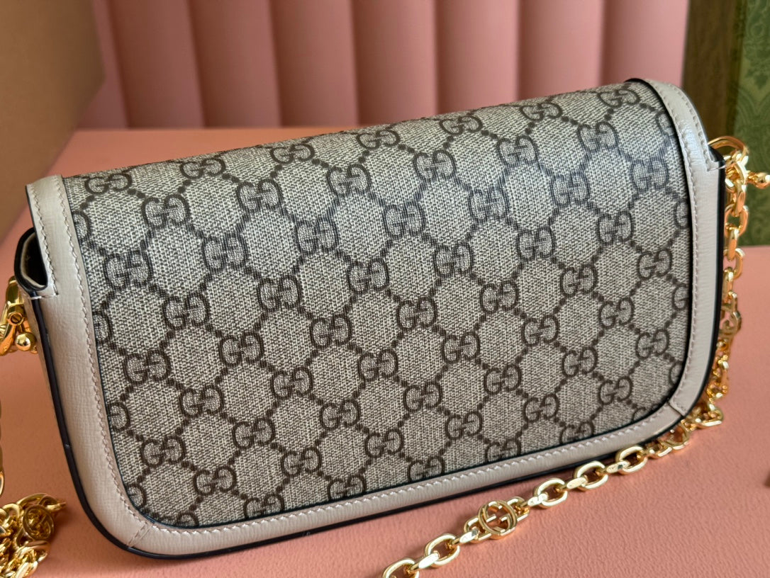 GG HORSEBIT 1955 BAG 24 IN BEIGE CANVAS AND WHITE CALFSKIN