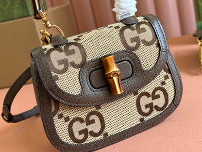 BAMBOO 1947 MINI BAG 17 IN BROWN CALFSKIN AND BEIGE CANVAS