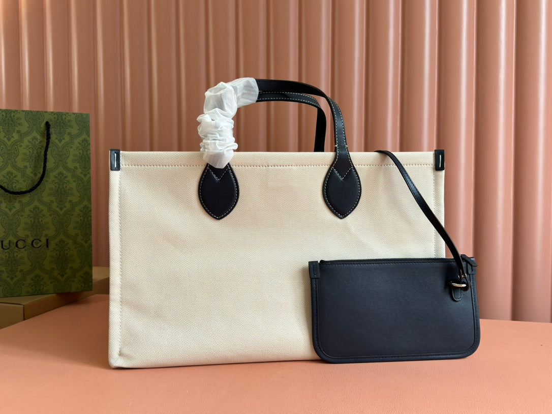 TOTE BAG PRINTED LOGO 41.5 IN WHITE CANVAS DARK BLUE CALFSKIN