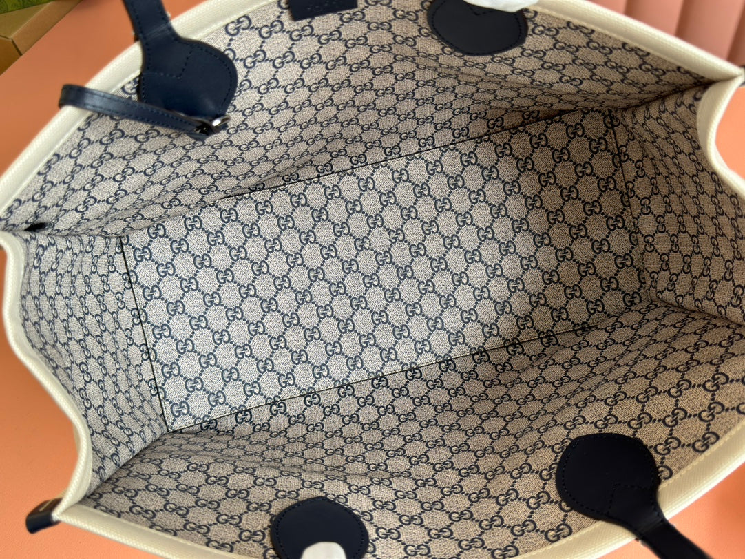 TOTE BAG PRINTED LOGO 41.5 IN WHITE CANVAS DARK BLUE CALFSKIN