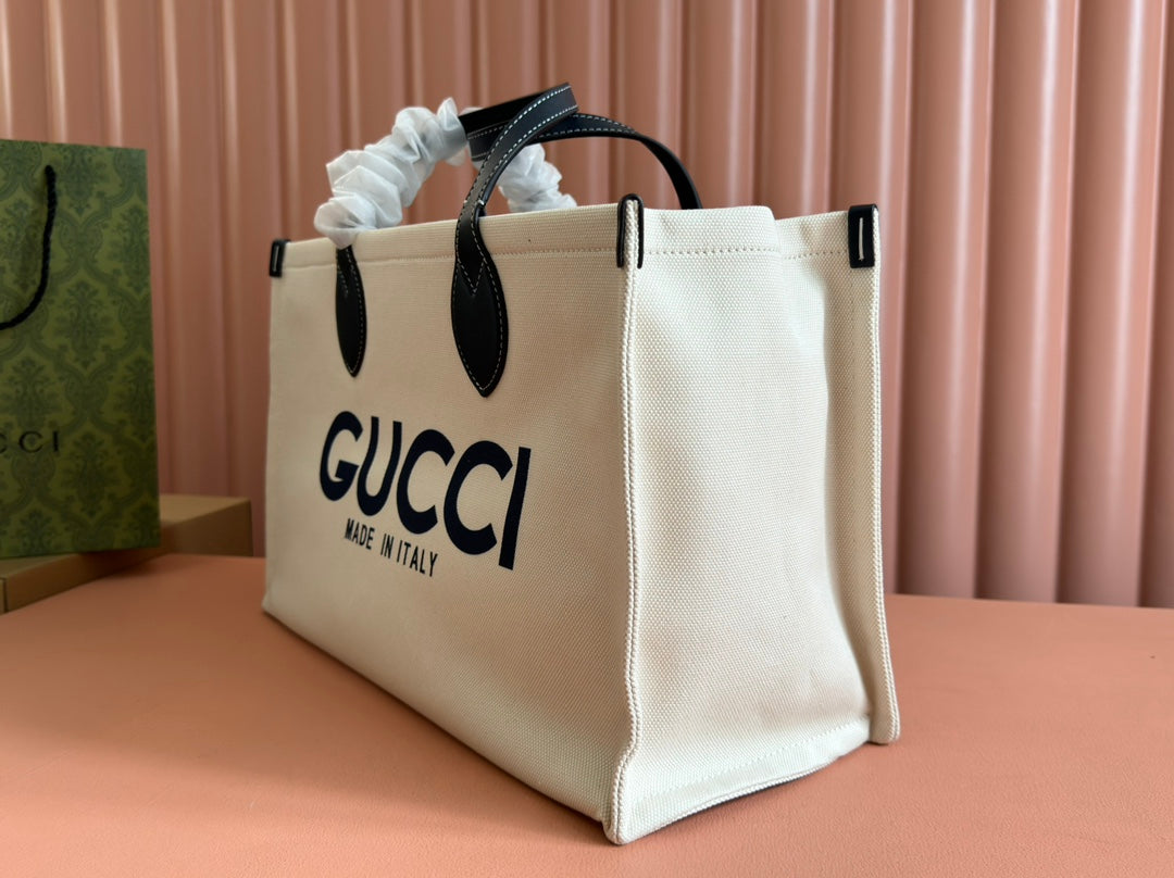 TOTE BAG PRINTED LOGO 41.5 IN WHITE CANVAS DARK BLUE CALFSKIN