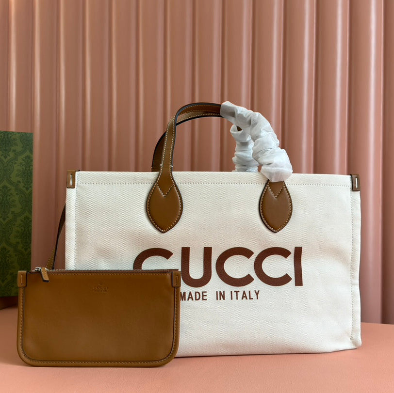 TOTE BAG PRINTED LOGO 41.5 IN BROWN CALFSKIN OFF WHITE CANVAS