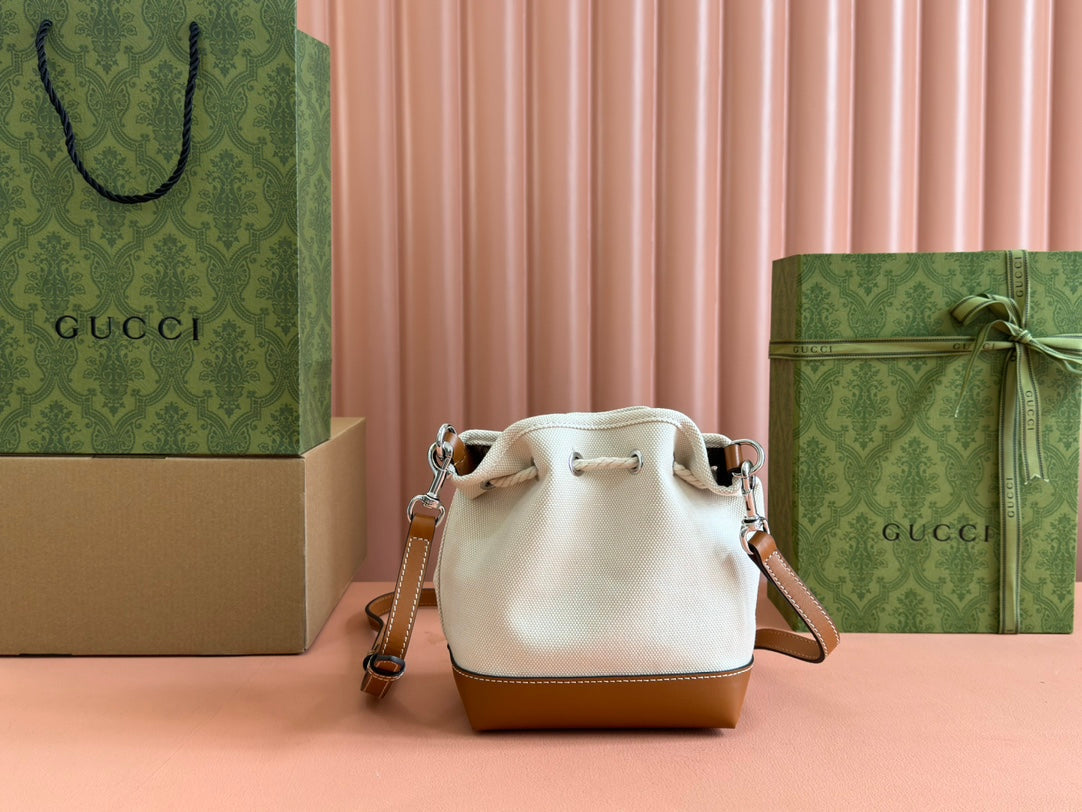SMALL DRAWSTRING SHOULDER BAG 21 IN WHITE CANVAS BROWN CALFSKIN