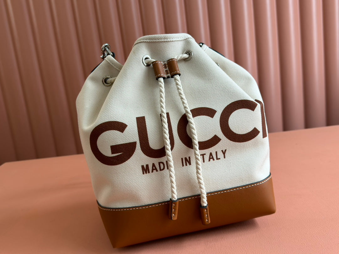 DRAWSTRING SHOULDER BAG LOGO PRINT 31 IN WHITE CANVAS BROWN CALFSKIN