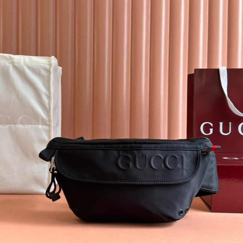 LARGE BELT BAG 32 IN BLACK CANVAS GREEN AND RED WEB DETAIL