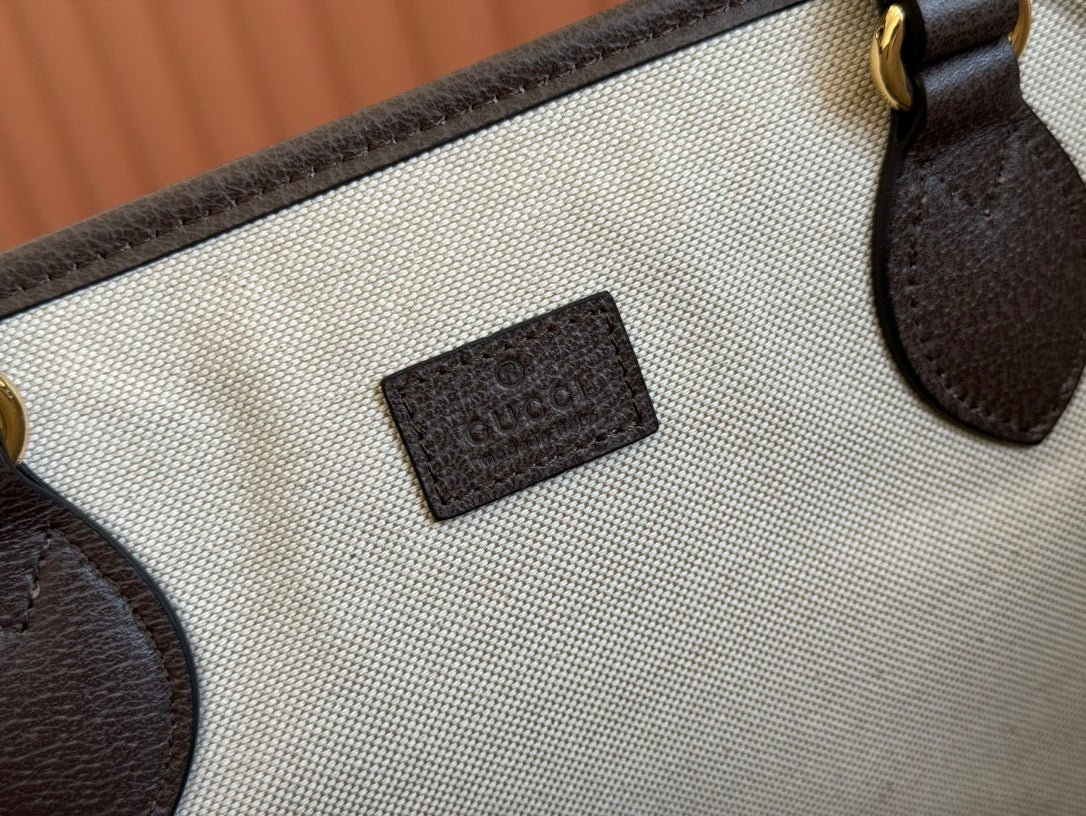 OPHIDIA MEDIUM TOTE BAG 38.5 BEIGE CANVAS AND BROWN CALFSKIN