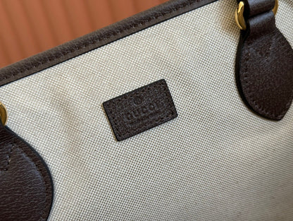 OPHIDIA MEDIUM TOTE BAG 38.5 BEIGE CANVAS AND BROWN CALFSKIN