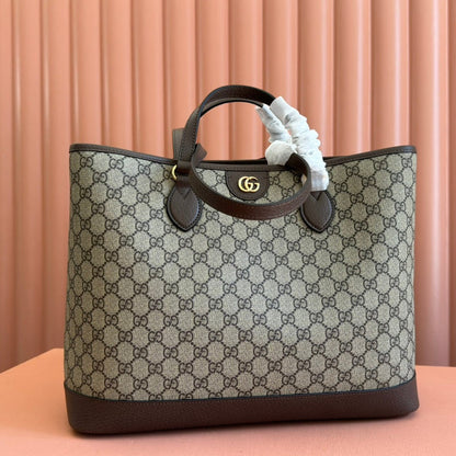 OPHIDIA MEDIUM TOTE BAG 38.5 BEIGE CANVAS AND BROWN CALFSKIN