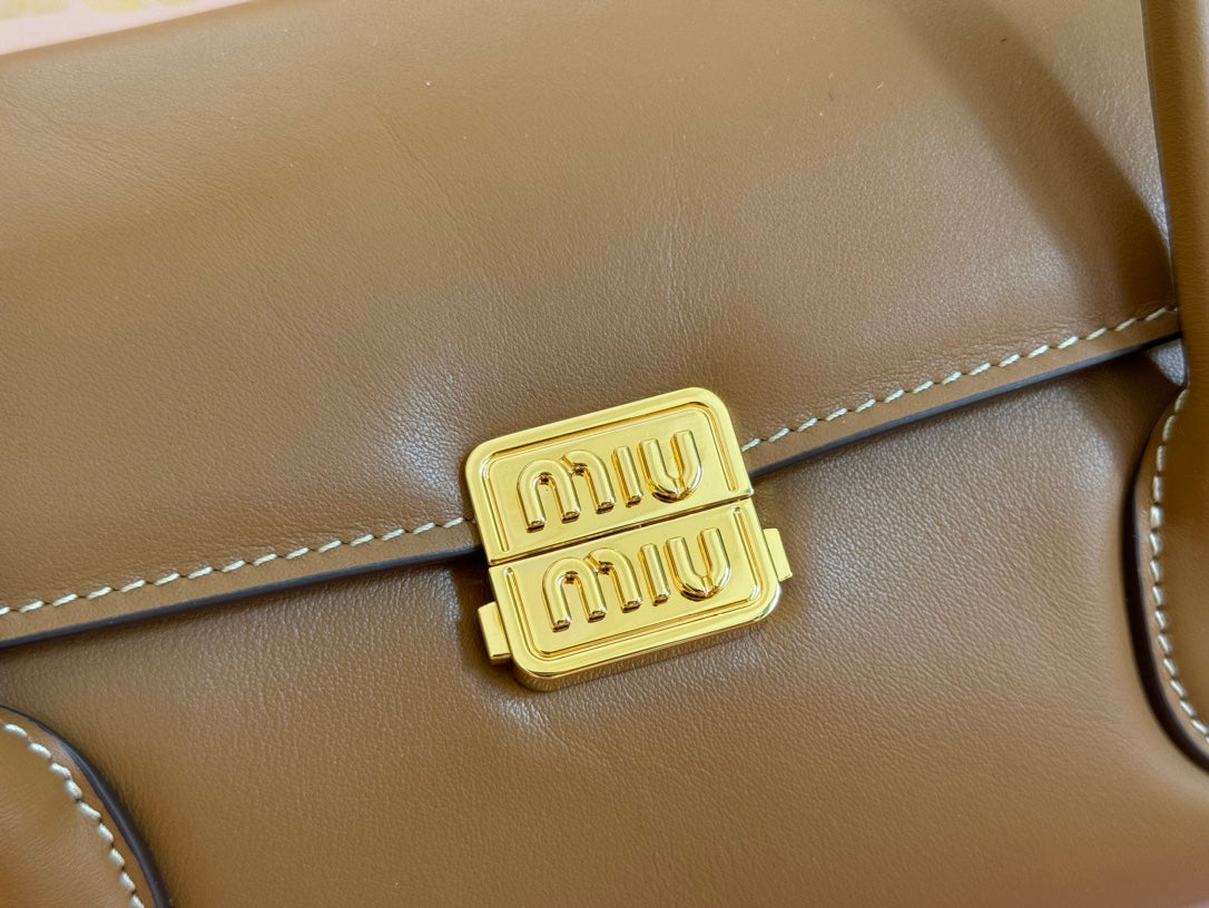 BEAU TOP HANDLE BAG 28 IN CHOCOLATE BROWN GLOSSY CALFSKIN GOLD HARDWARE