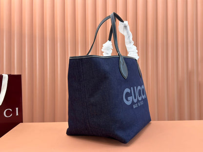 LARGE TOTISSIMA REVERSIBLE TOTE 30.5 IN DARK BLUE DENIM ONE SIDE BEIGE AND BLUE CALFSKIN ON THE OTHER