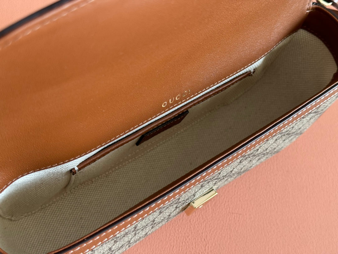 SMALL HORSEBIT 1955 SHOULDER BAG 22.6 IN BEIGE/EBONY GG WITH BROWN CALFSKIN TRIM