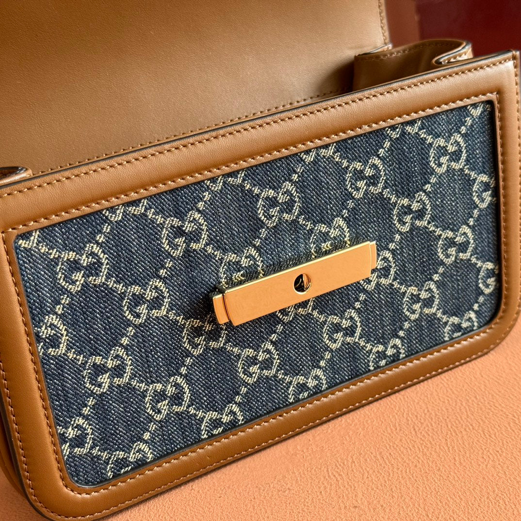 GO SMALL SHOULDER BAG 21.5 IN BLUE DENIM BROWN CALFSKIN