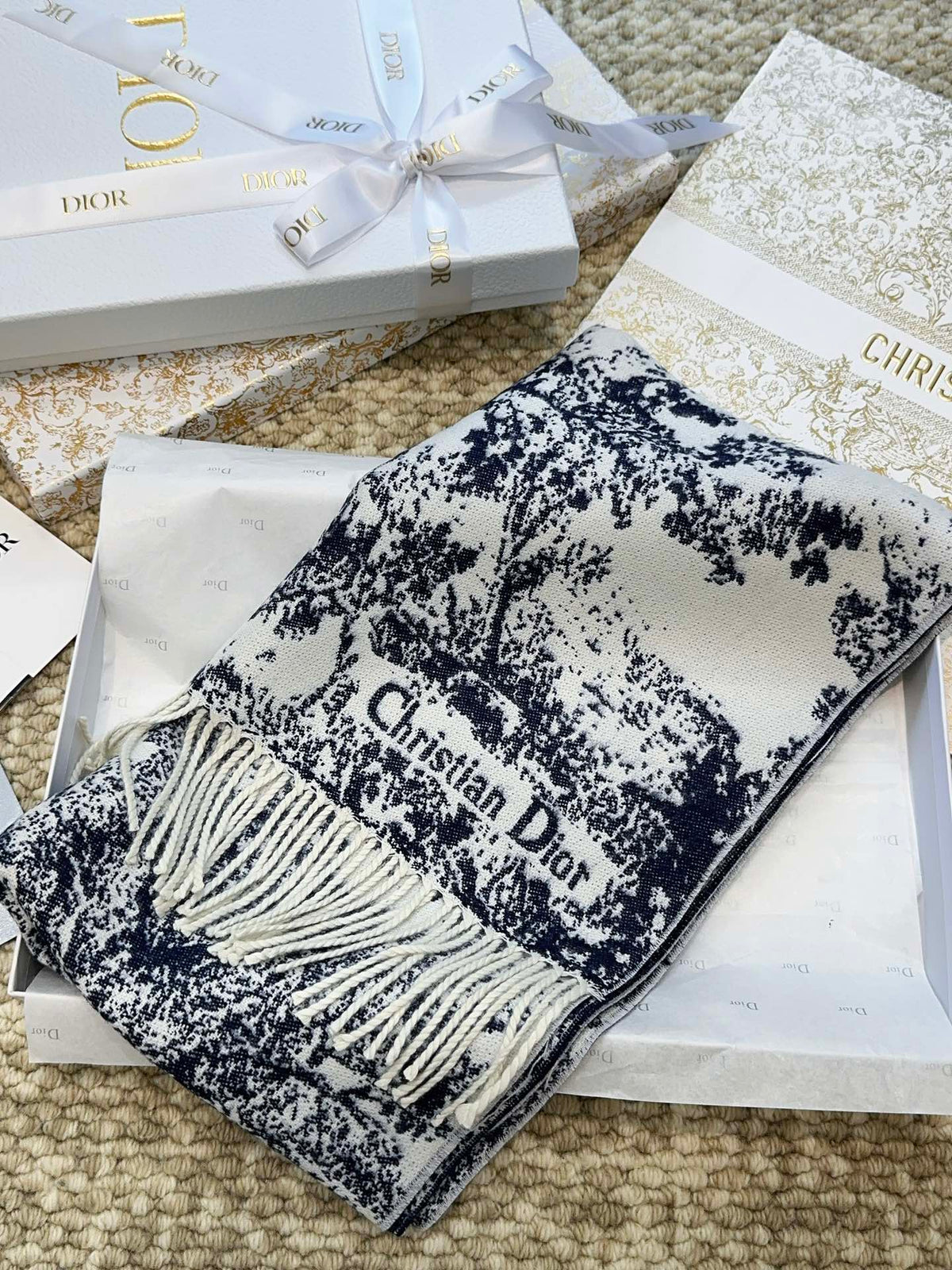 SCARF 220 CM IN NAVY BLUE MIX WHITE MONOGRAM CASHMERE AND WOOL 413656