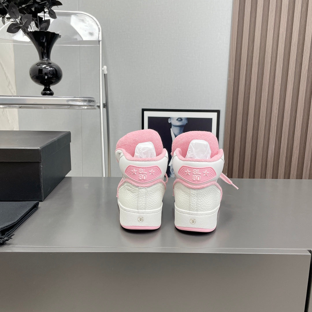 HIGH-TOP SNEAKERS IN WHITE MIX BABY PINK CALFSKIN