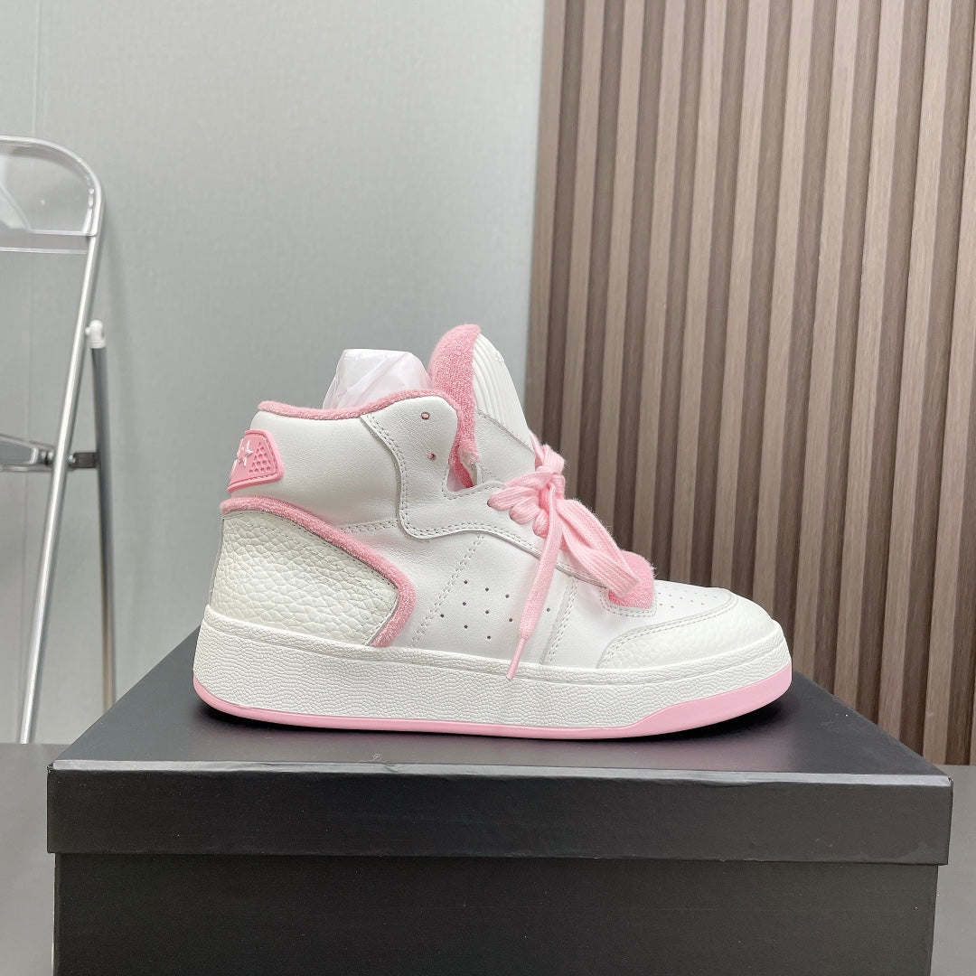 HIGH-TOP SNEAKERS IN WHITE MIX BABY PINK CALFSKIN
