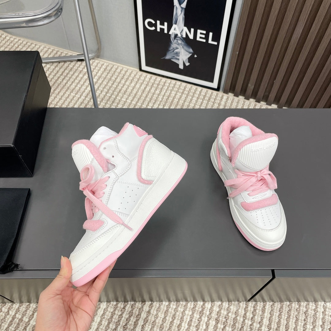 HIGH-TOP SNEAKERS IN WHITE MIX BABY PINK CALFSKIN