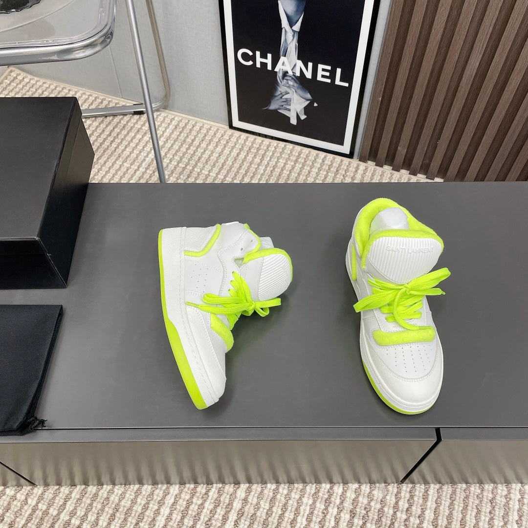 HIGH-TOP SNEAKERS IN WHITE MIX NEON GREEN CALFSKIN